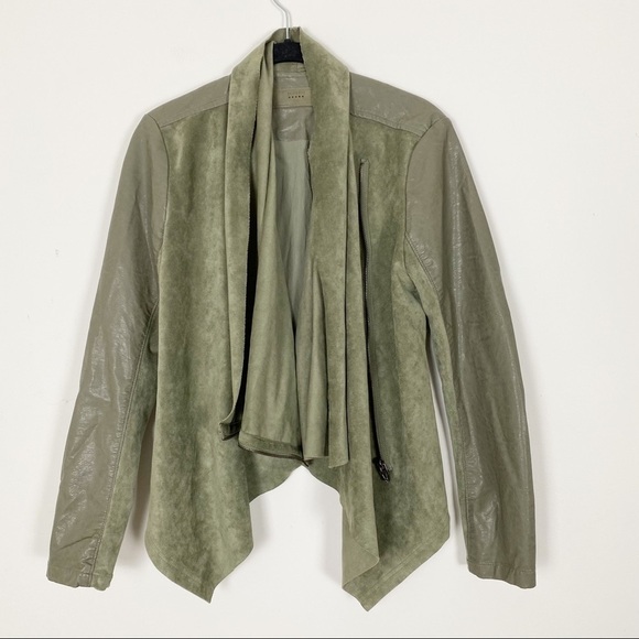 BLANKNYC Olive Green Vegan Leather Suede Drape Moto Jacket Fall Winter Boho - Picture 2 of 10